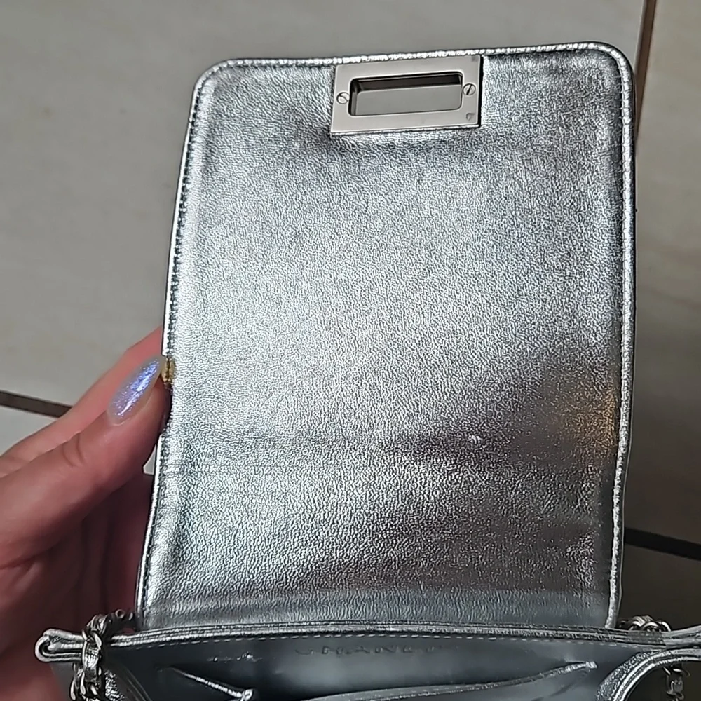 CHANEL Metallic Silver Mini Bag Chain Strap Turnlock w/Card - Picture 9 of 14